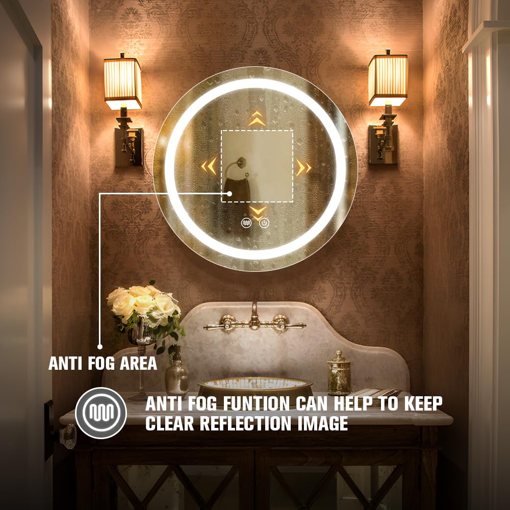 Janboe 61cm Round Mirror Cabinet with Lights,with Defogger,Dimmable,Anti-Fog,3 Colors,Gold