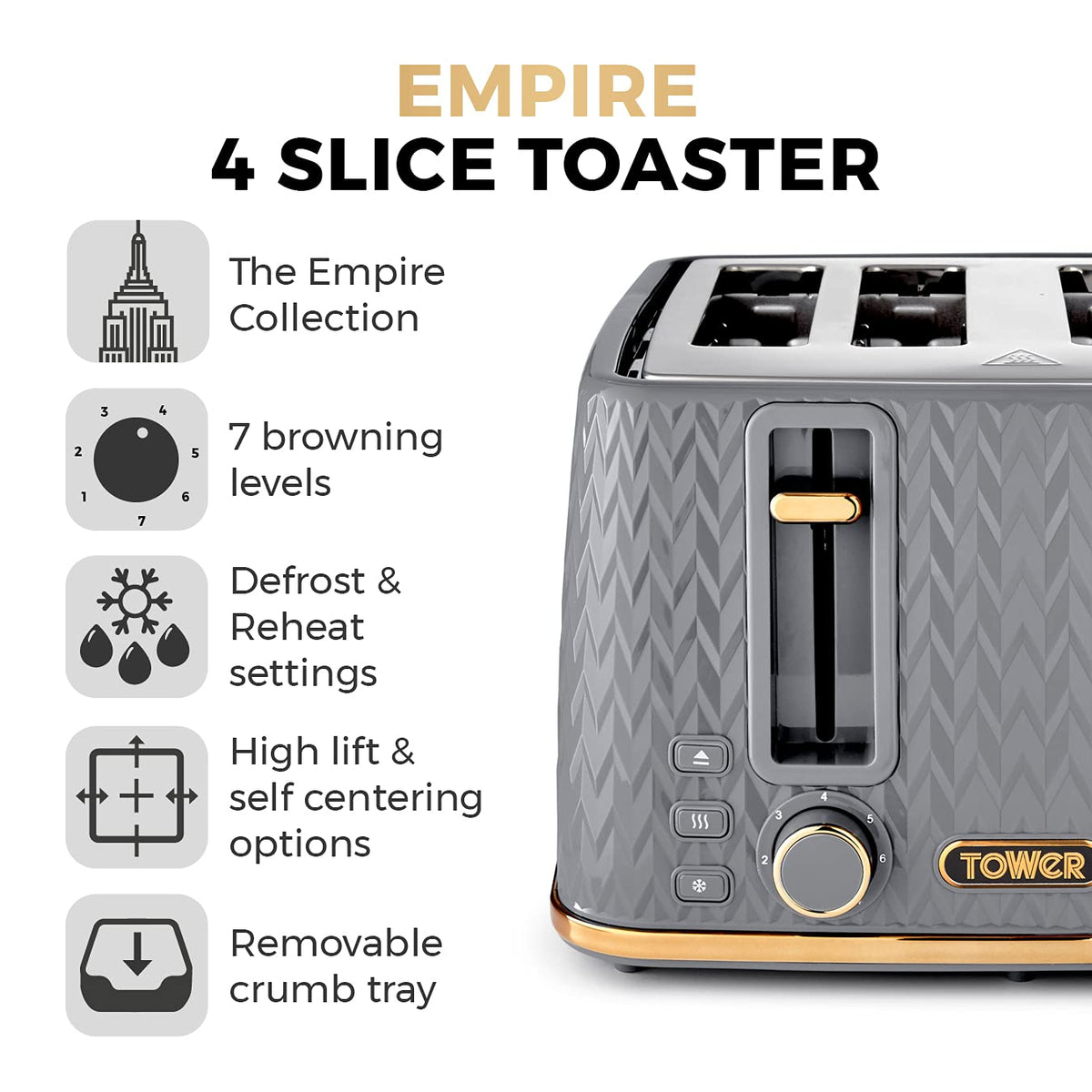 Tower T20061GRY Empire 4-Slice Toaster with Defrost/Reheat, Removable Crumb Trays, 1600W, Grey and Brass