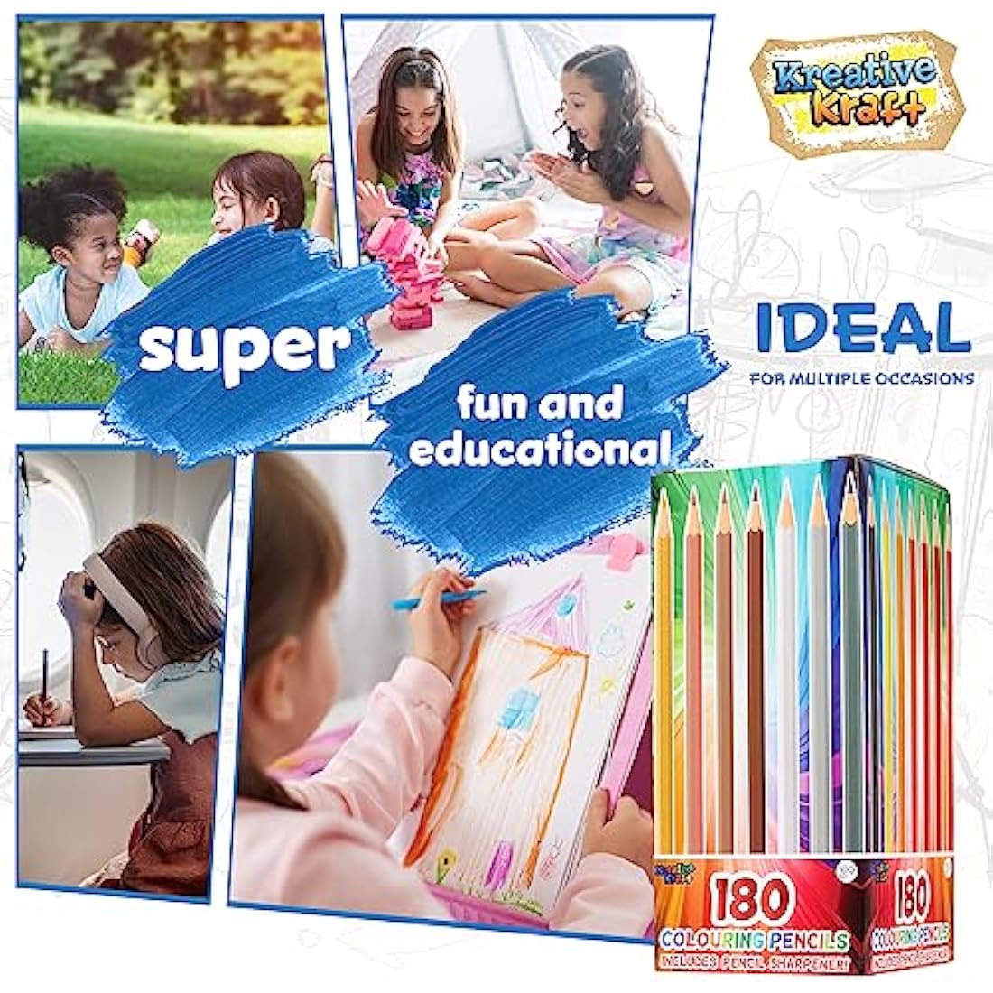 KreativeKraft Coloured Pencils Set of 180 - Colouring Pencils for Kids Teens and Adults - 30 Colours Sharpener Included - Art Supplies School Supplies - Kids Pencils Age 3+
