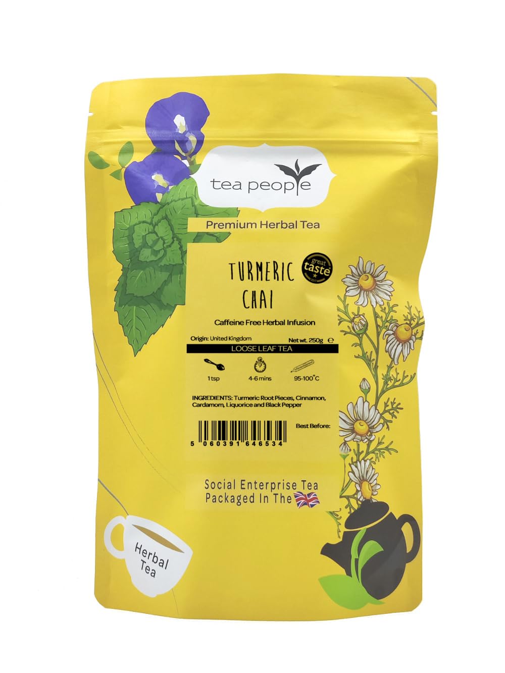 Tea People ? 250g Turmeric Chai (70 cups) ? Caffeine Free Herbal Tea - 100% Natural Ingredients: Turmeric Root, Cinnamon, Cardamom, Liquorice, Black