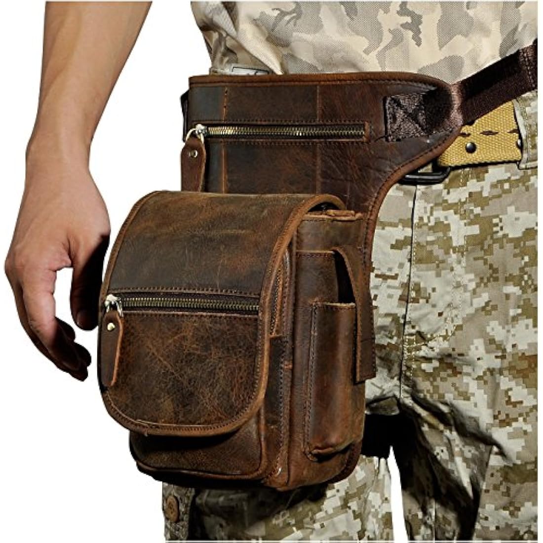 Le'aokuu Mens Genuine Leather Messenger Riding Hip Bum Waist Pack Drop Leg Cross Over Thigh Bag