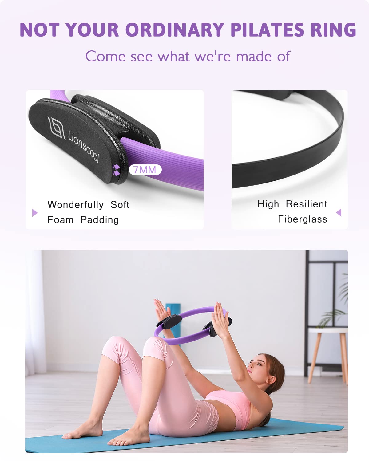 LIONSCOOL Pilates Ring Set - Premium14Magic Circle with Dual Padded Handles - Includes Pilates Mini Ball & Highly Elastic Resistance Bands & Workout