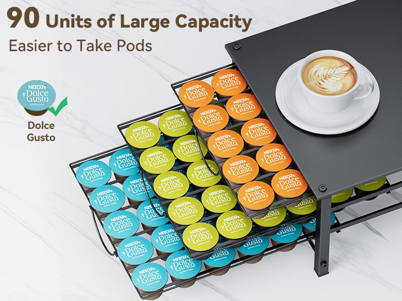 Coffee Pod Holder for Dolce Gusto, 90 Capsules Storage Drawer, 3 Tier Thick Metal Coffee Pod Storge, Pods Organizer Drawer with Non-Slip Feet Silent