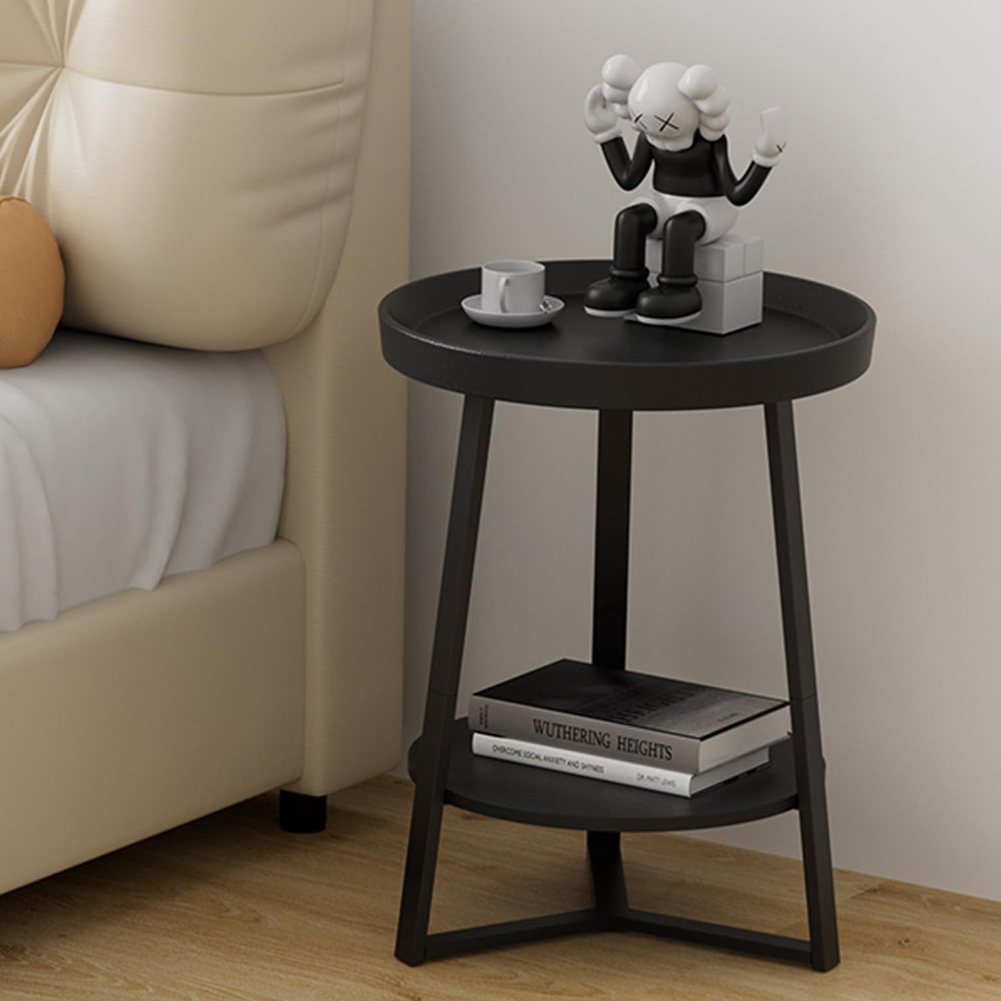HOME BI Round End Table with Storage Shelf, 2 Tier Farmhouse Circle Side Table Nightstand for Living Room, Bedroom,Black Wood Grain