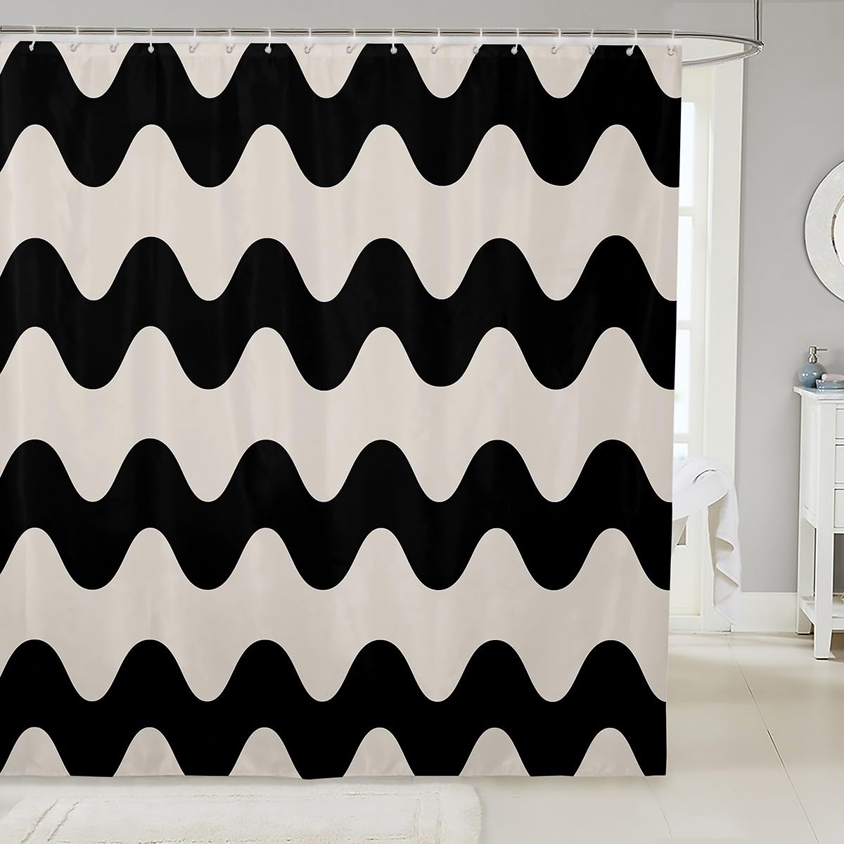 Wave Striped 72"Wx78"L Shower Curtain,Cream White Black Geometric Pattern Printed Waterproof Bathroom Curtains Abstract Ripple Stripes Fabric Shower