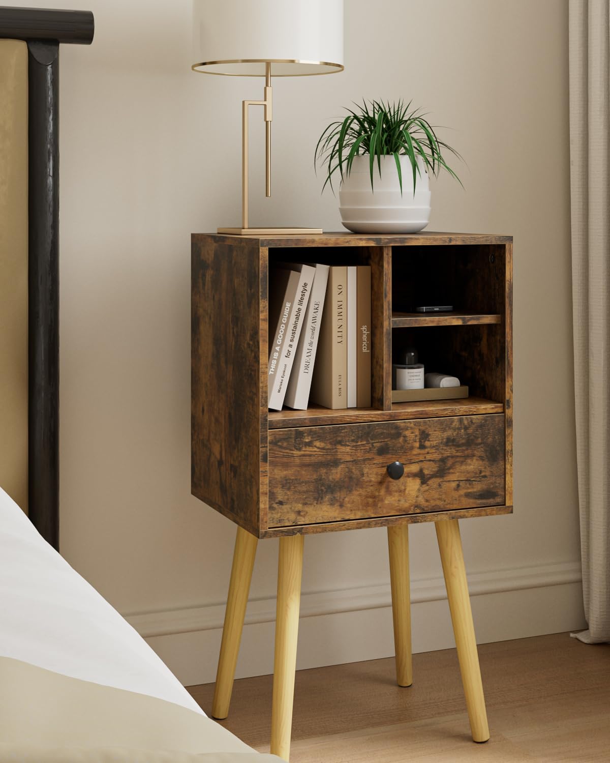HEYZOEY Wooden Nightstand Mid-Century Modern Bedside Table, Rustic Brown