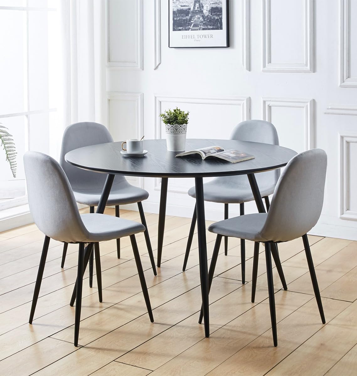 Hallowood Furniture Cullompton Large Round Table and Chairs Set 4, 120cm Wooden Effect Black Dining Room Table and Chairs in Grey Fabric, A Stylish