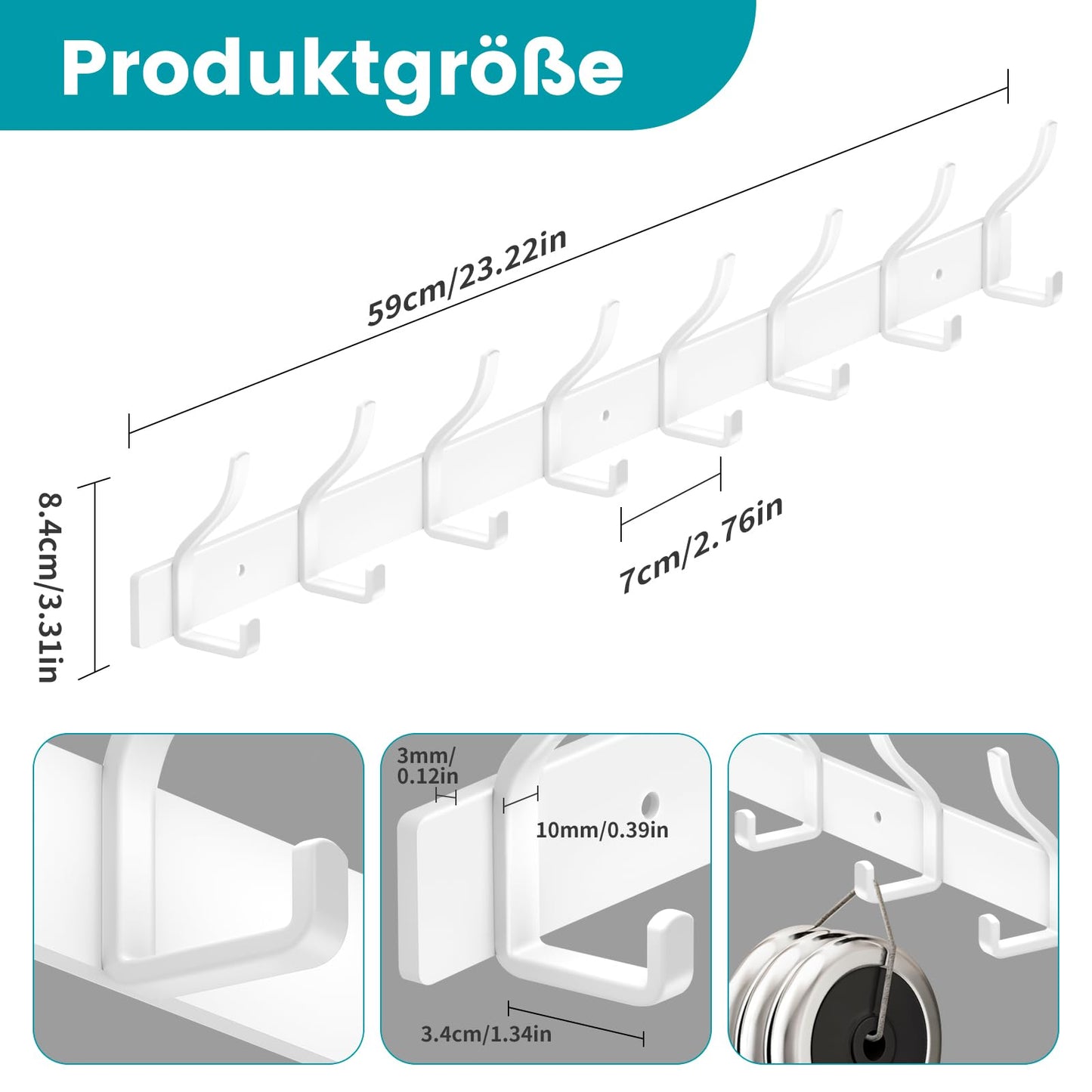 MEIJO Coat Hooks Wall Mounted Stainless Steel, White Coat Rack Wall Mounted with 8 Hooks Heavy Duty Coat Hooks for Door, Bathroom, Bedroom, Kitchen