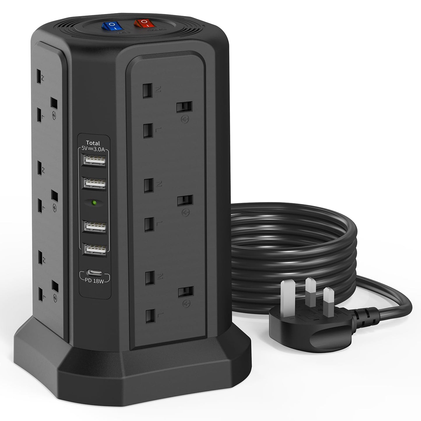 Tower Extension Lead with USB Slots 1.8M and 18W USB C Fast Charger, (13A 3250W) 5 USB Ports and 12 Way Extension Tower, Surge Protection Extension