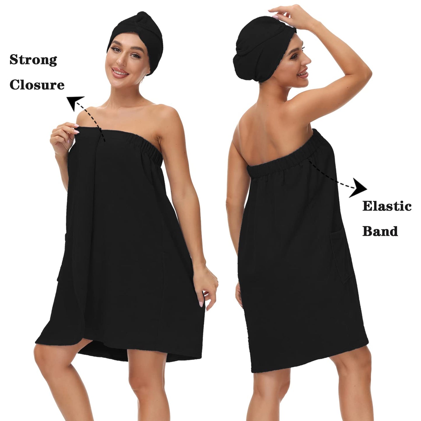 Verve Jelly Spa Body Towel Wrap, with Hair Towel Women Bath Towel Wrap Cover Up for Shower Super Soft Lightweight Bath Wrap Robe Towel Black L