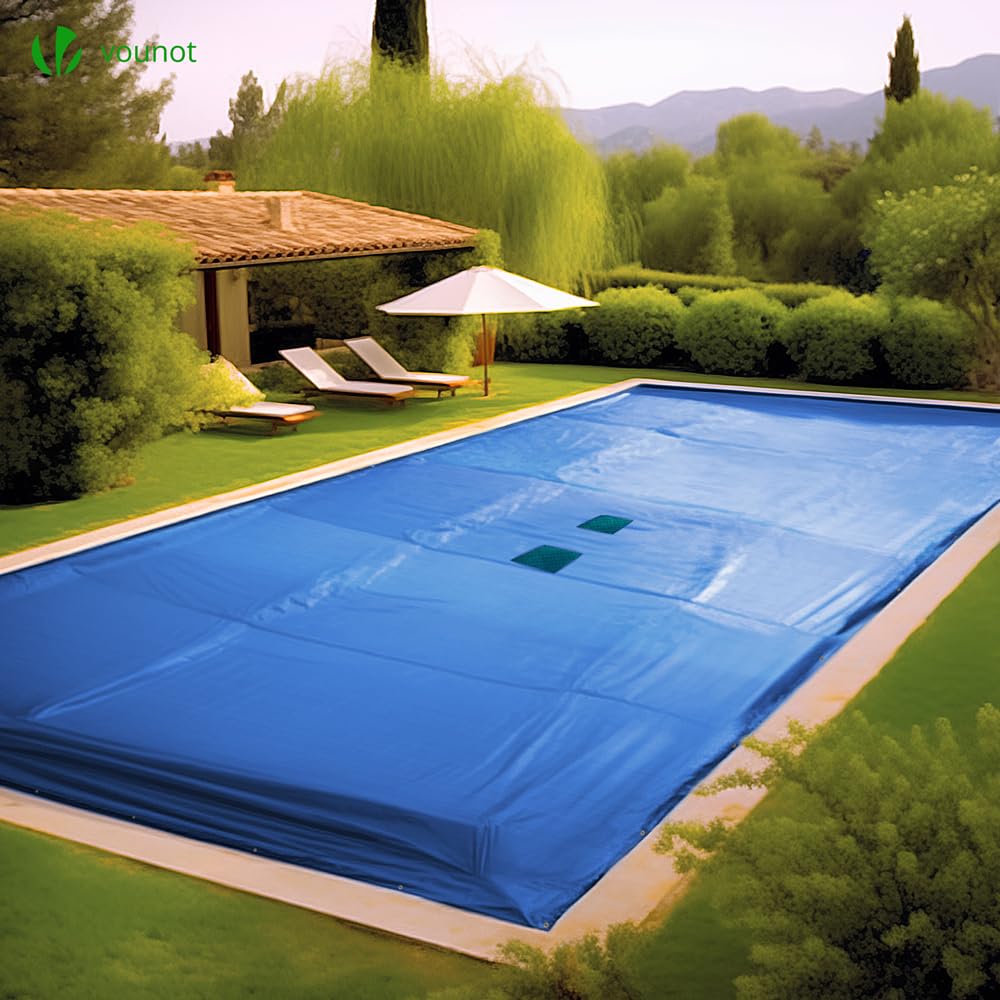 VOUNOT Swimming Pool Cover Rectangular Heavy Duty Double Layer Pool Protective Cover with Drain Net, Aluminum Eyelets Waterproof Cover, 5X10m