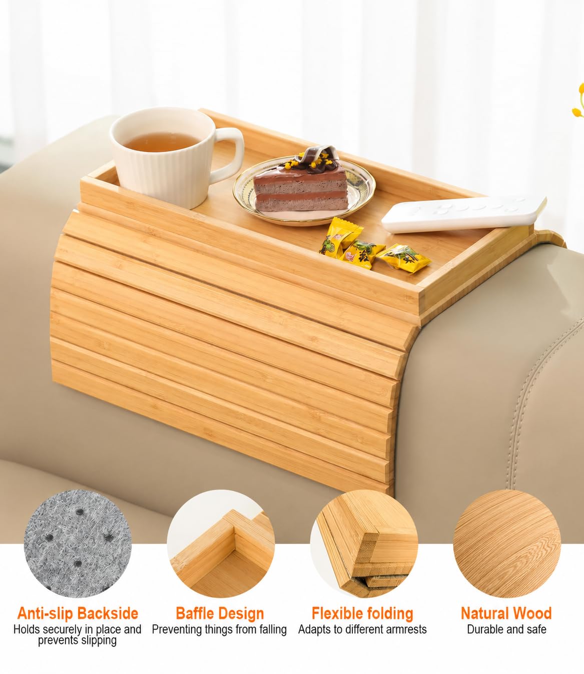 Wooden Sofa Arm Tray Table: Foldable Sofa Armrest Tray Anti-Slip Design