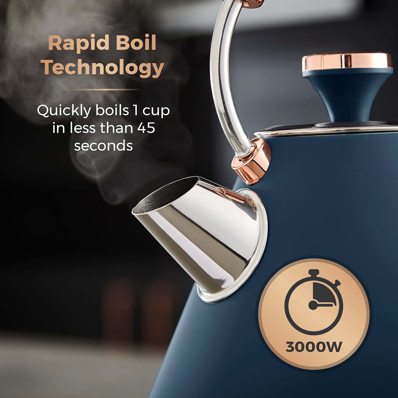 Tower T10044MNB Cavaletto Pyramid Kettle with Fast Boil, Detachable Filter, 1.7 Litre, 3000 W, Midnight Blue and Rose Gold