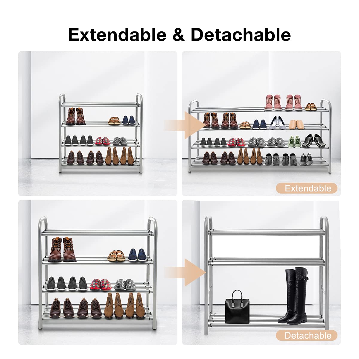 Gurkkst 4 Tier Extendable Shoe Rack Organiser Strong and Durable Heavy Duty Metal Footwear Storage Rack Holds 20+ Pairs (60-100) x 22,5 x 61,5 cm