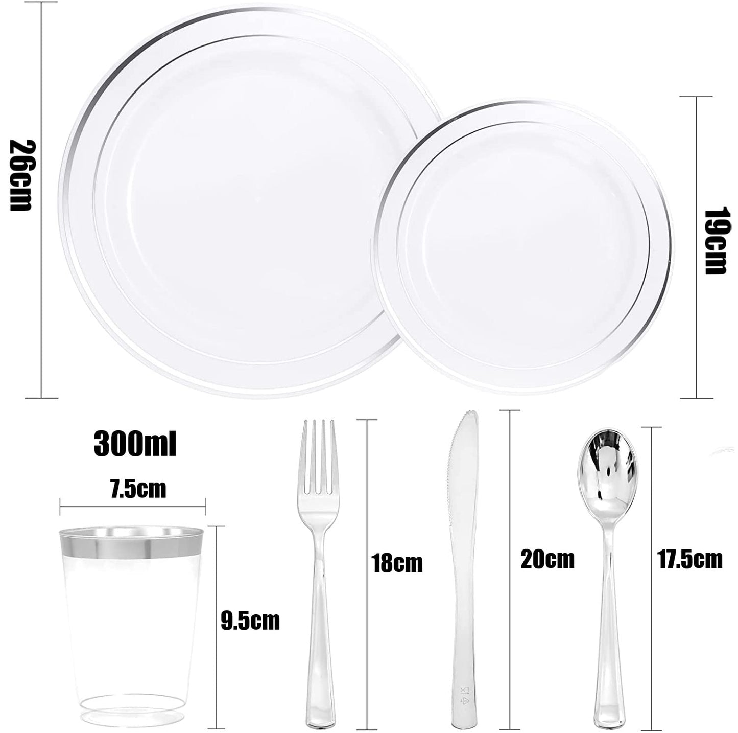 LATERN 150Pcs Multi-Use Silver Plastic Dinnerware Set, 25 x Resuable Dinner Plates, 25 x Salad Plates, 25 x Knives, 25 x Mini Forks, 25 x Spoons, 25 x