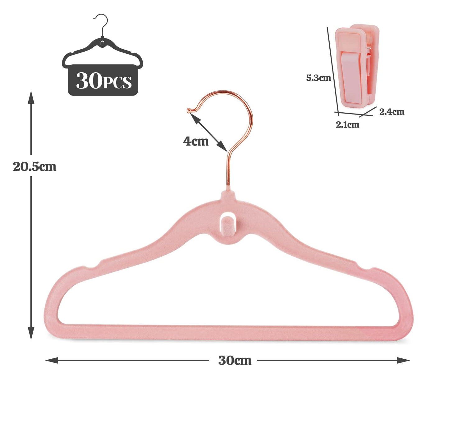 HOUISM Baby Clothes Velvet Hangers 30 Pack with 20 Finger Clips, Slim Space Saving Notched Shoulder, 360° Swivel Hook for Nursery & Kids Wardrobe