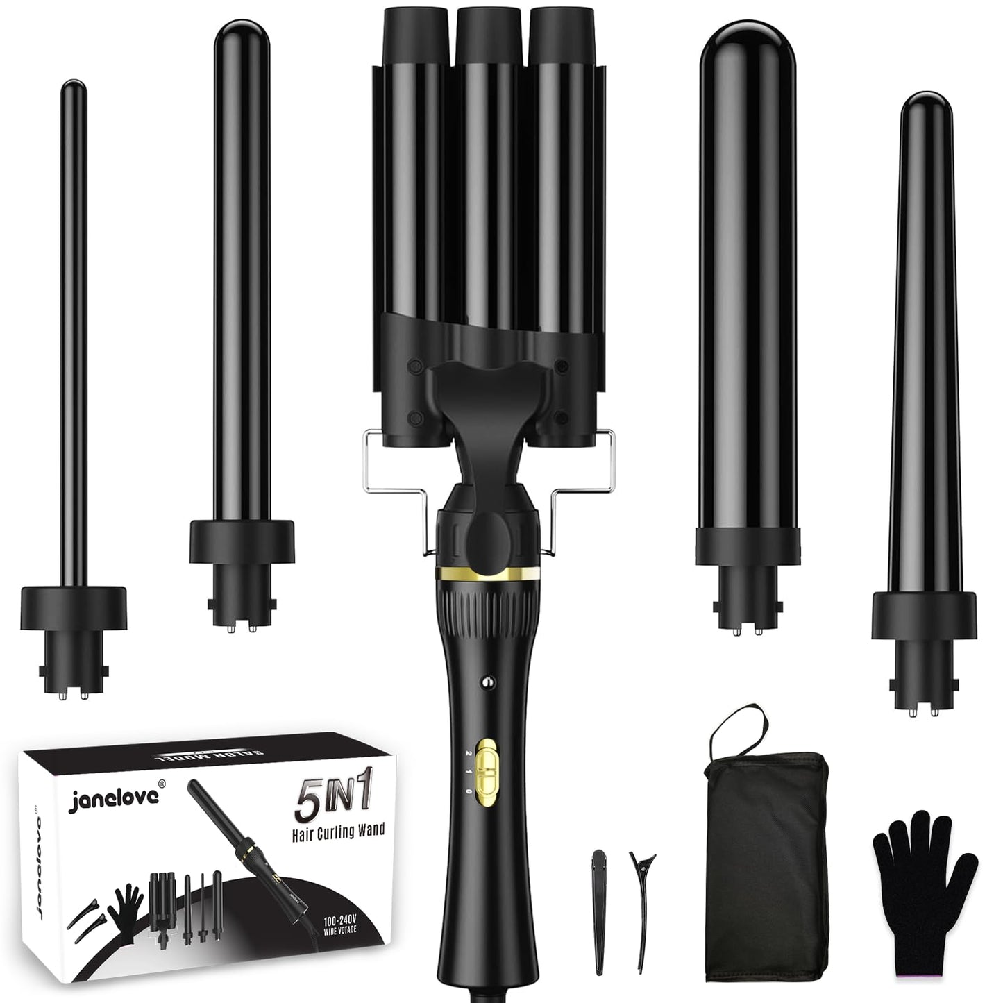 janelove Hair Curler 5 in 1 Curling Wand Set with 3 Barrel Hair Waver and 4 Interchangeable Ceramic Curling Iron 10-32mm for Long Medium Short Hair