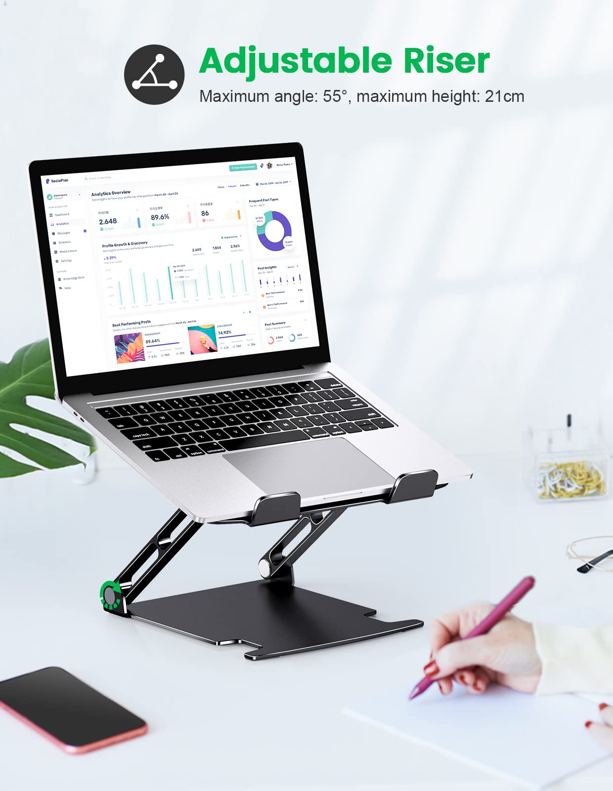 Glangeh Laptop Stand Aluminum Sturdy, Laptop Riser for Desk with Adjustable Heights/Angles, Double Rotation Axis Ergonomic