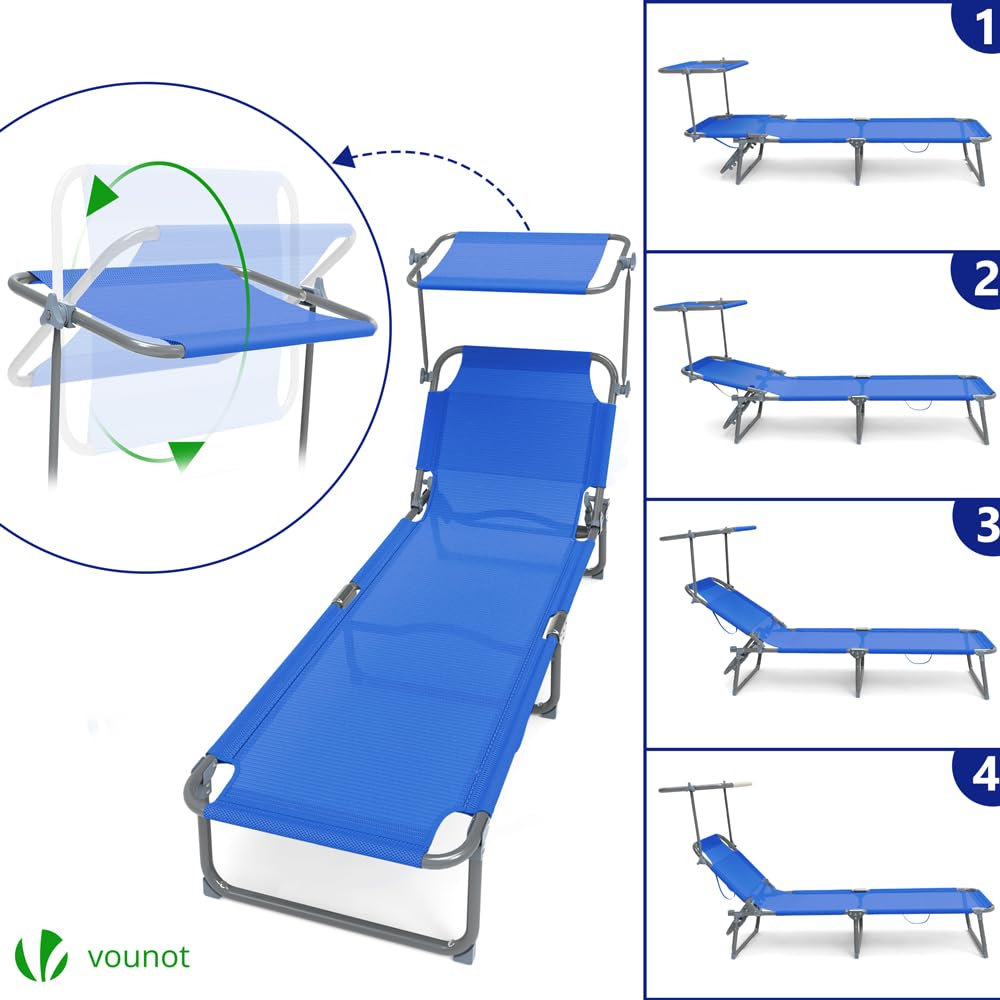 VOUNOT? Folding Sun Loungers Set of 2, Textilene Reclining Sunbed with Adjustable Backrest & Sunshade for Garden, Beach, Patio, Pool, Camp, Load 110