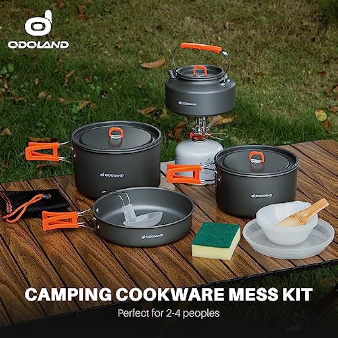 Odoland Camping Cookware Set Non-Stick Lightweight Camping Kettle Pots and Pans Mess Kit with Bowls Soup Spoon for Backpacking, Outdoor Cooking and Picnic for 4-6 People