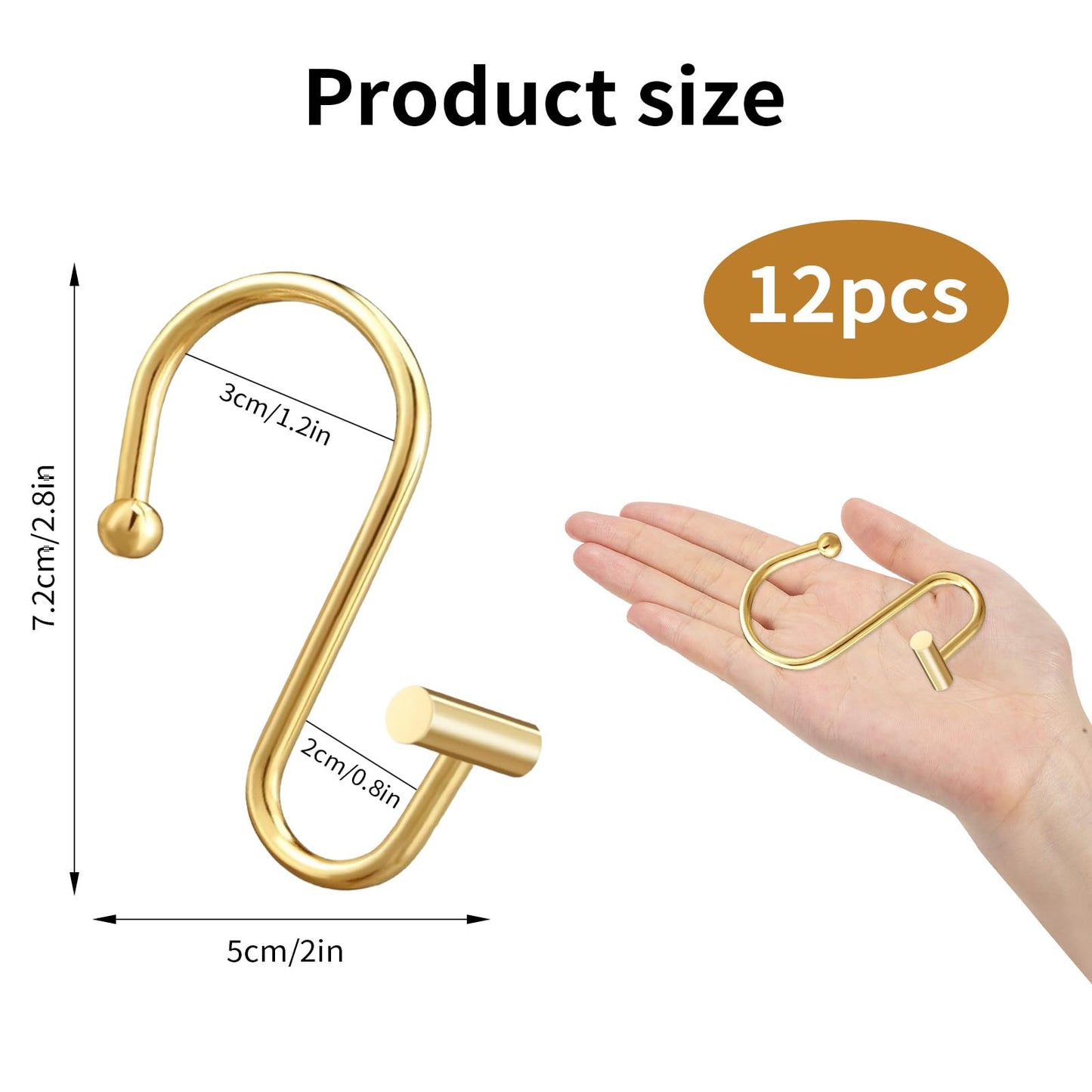 AURIVISTA 12 Pack Shower Curtain Hooks, Rust Proof T-Bar Rings, Gold