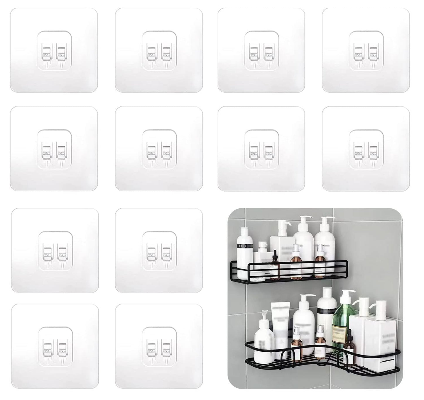 SUBTAVIK 12 Pcs Shower Caddy Adhesive Hooks Replacement, Corner Shower Caddy Adhesive Sticker Hooks Transparent Sticky Hooks for Bathroom Kitchen