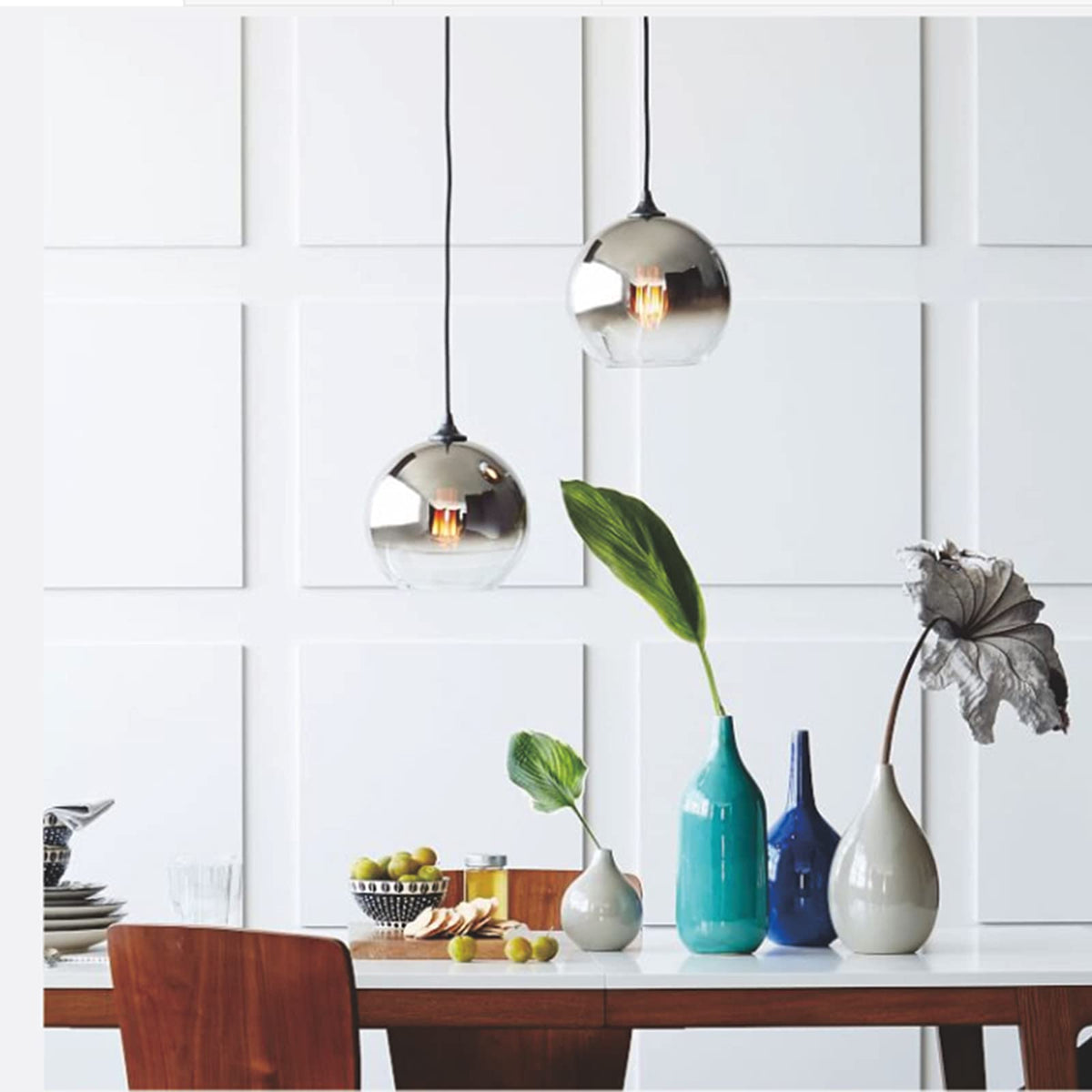 MZStech Spherical Gradient Color Glass Pendant Light Modern Glass Globe Lamp Chandelier Hanging Light (Silver, 20cm)