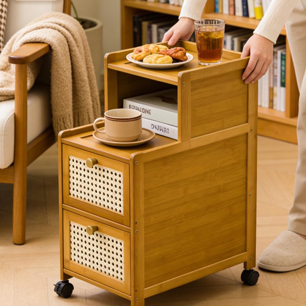 VAVVIP Bamboo Bedside Table Slim with Drawer, Set of 2 Small Narrow Side End Tables for Bedroom