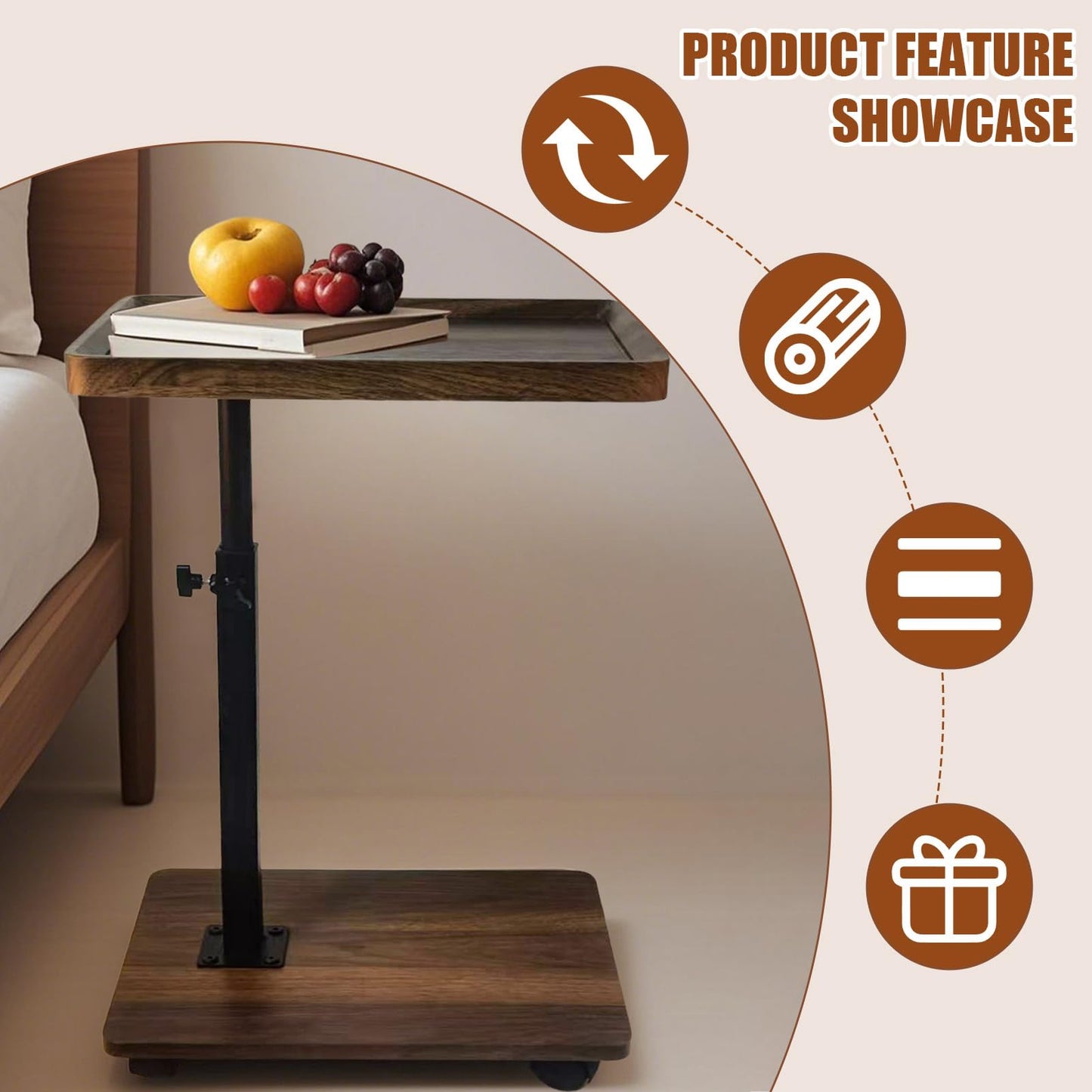 Adjustable Height C Shape Side Table,with 360 Degree Rotating Wheels ,Multifunctional Sofa Bed Side Table(Walnut Brown )