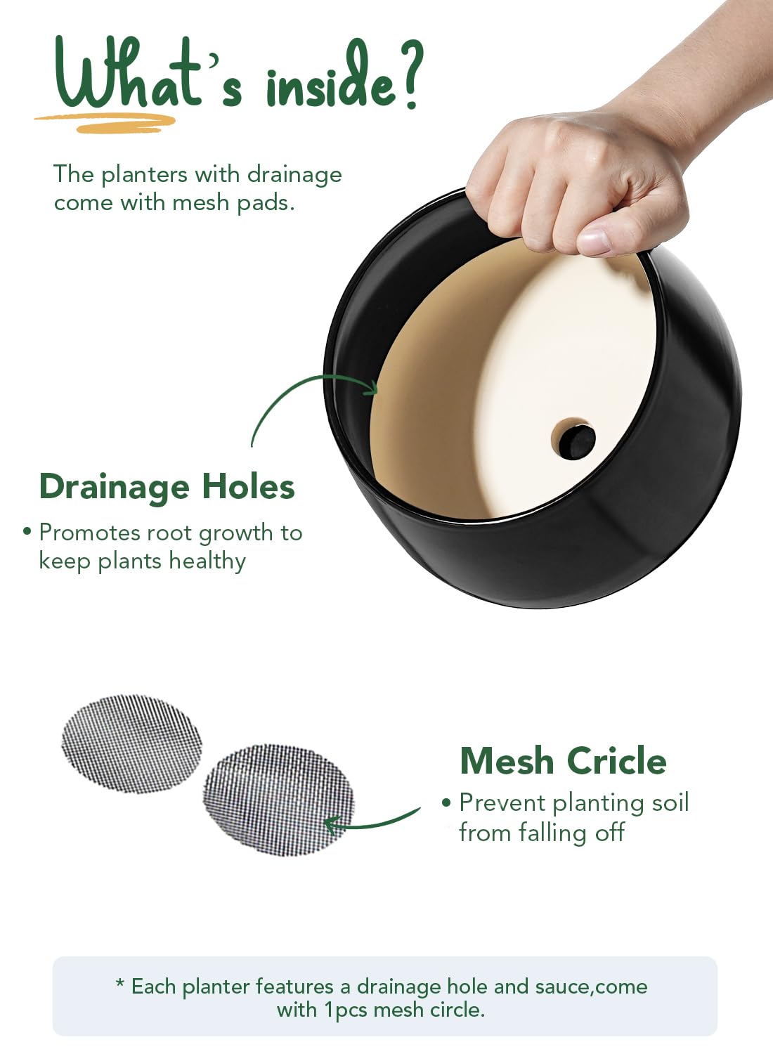 LE TAUCI Plant Pots, 10+13+16 cm Planters, Set of 3 Ceramic Planters with Drainage Hole and Saucer, Indoor Plant Pot with Hole Mesh Pad, Gifts for