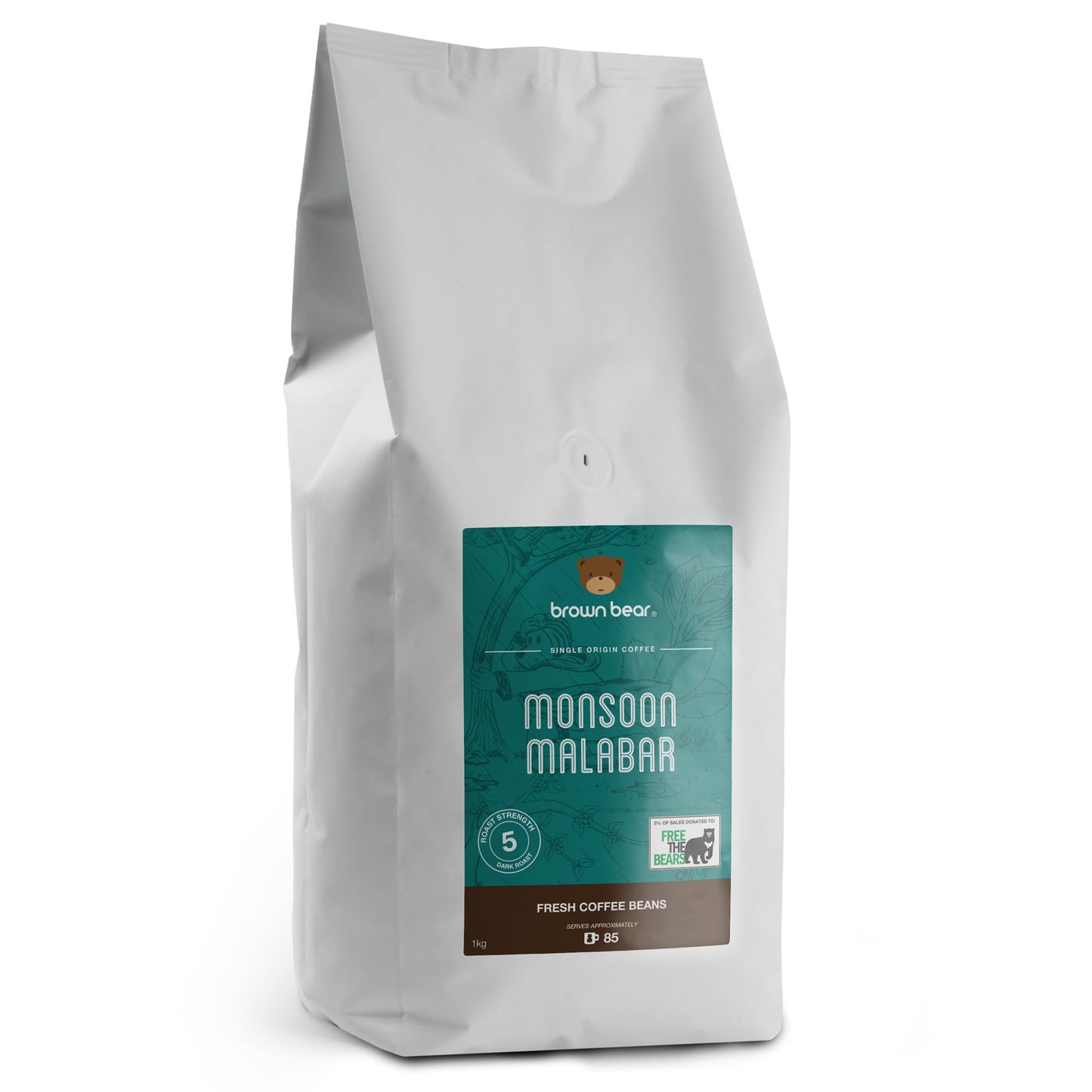 Indian Monsoon Malabar Strong Aged Coffee Beans 1kg - Dark Roast - Strength 5 - Brown Bear India Coffee - Suitable For All Machines - Donation to Free