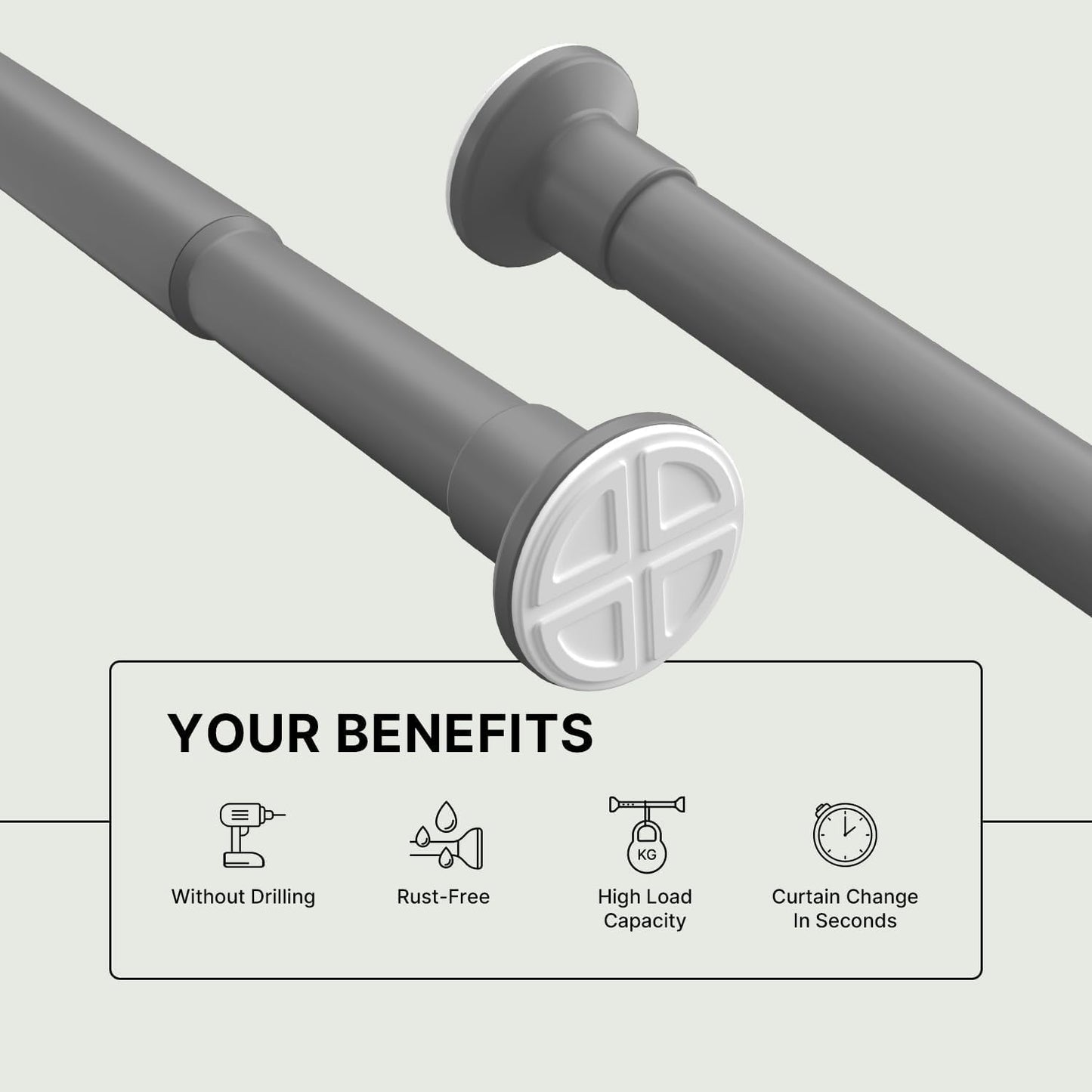 MEISENBERG Curtain Poles No Drilling Gray, Shower Curtain Pole 90-160 cm - Ø 25 mm Diameter, Heavy Duty Tension Pole No Drill - for Living Room