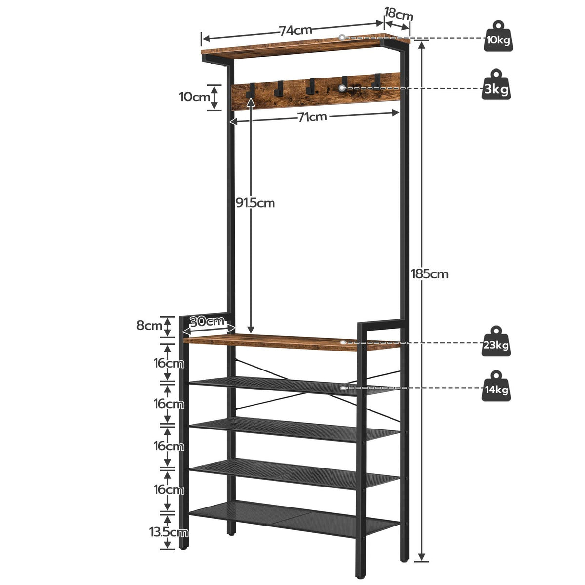 HOOBRO Coat Stand, Coat Rack with Shoe Storage, Industrial Hall Tree, Large Hall Stand, 5 Removable Hooks, Wood Accent Top Shelf, Entryway Storage