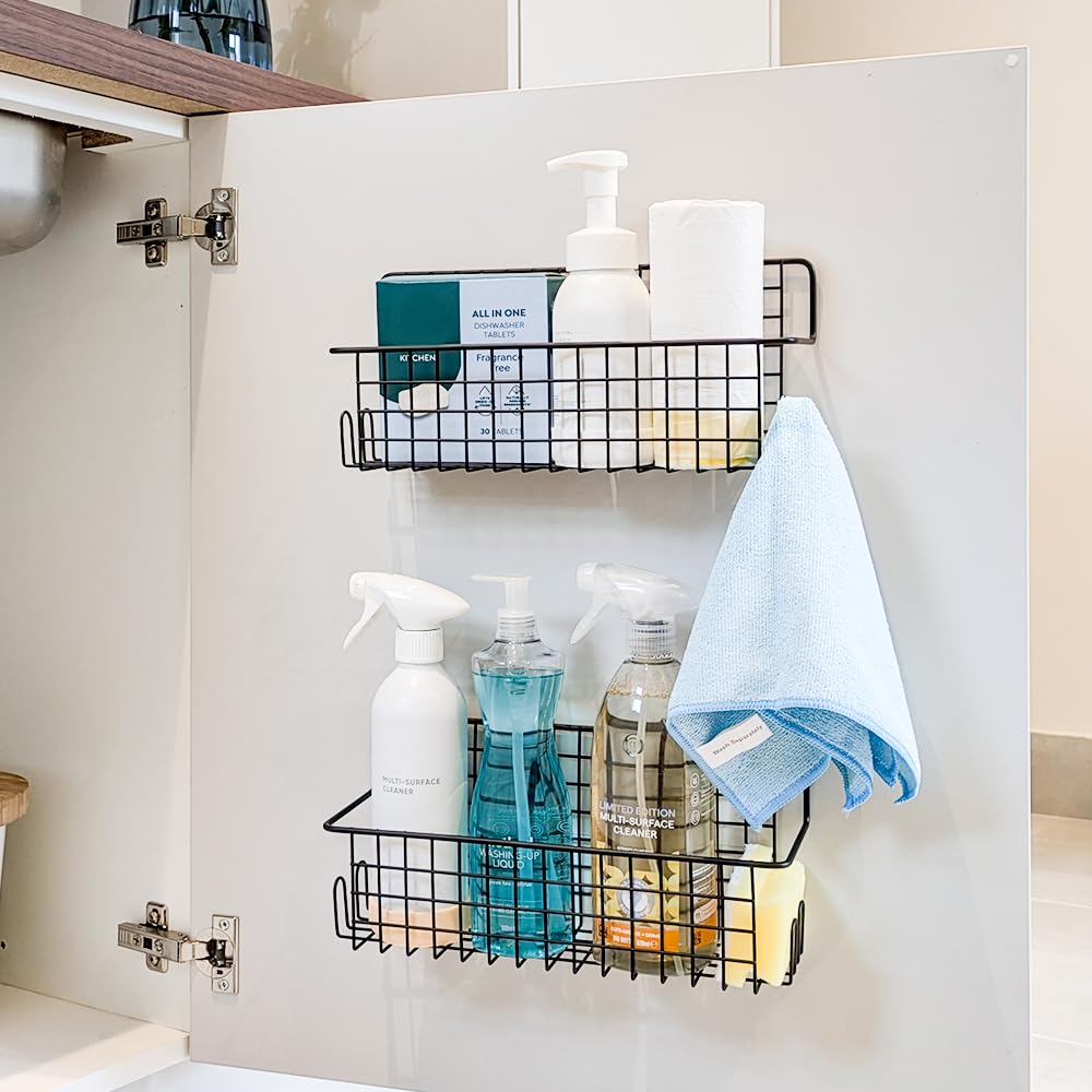Kempt 2-Piece Kitchen Cabinet Storage and Shower Caddy Set ? Black Stainless Steel, Adhesive No-Drill Rust-Proof Wall Organisers for Toiletries, Small