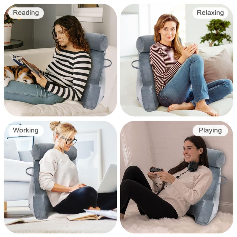 Mingfuxin Reading Pillows for Bed Sofa, Bed Backrest Pillows with Neck Arm Back Support Pillow, Adult Back Reading Cushion with Detachable Neck Roll &