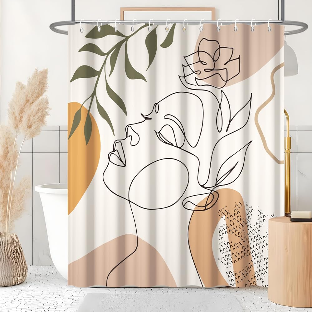 Uiiooazy Boho Shower Curtain - Abstract Woman Mid Century Minimalist Modern Anti Mould Waterproof Polyester Fabric Washable Bathroom Curtain with 12