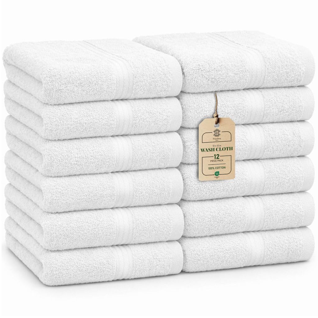 HomeBurg Luxe 12-Piece Washcloth Set - 100% Cotton, Soft & Absorbent, Easy Care, Premium Towels for Face & Daily Use, 30 x 30 cm, White