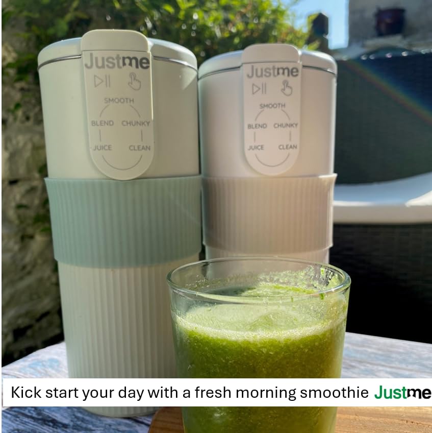 JustMe. The smallest soup maker, the biggest results. Soup maker and smoothie blender. Self cleaning. Colour: Sage green. Lightweight. Easy healthy