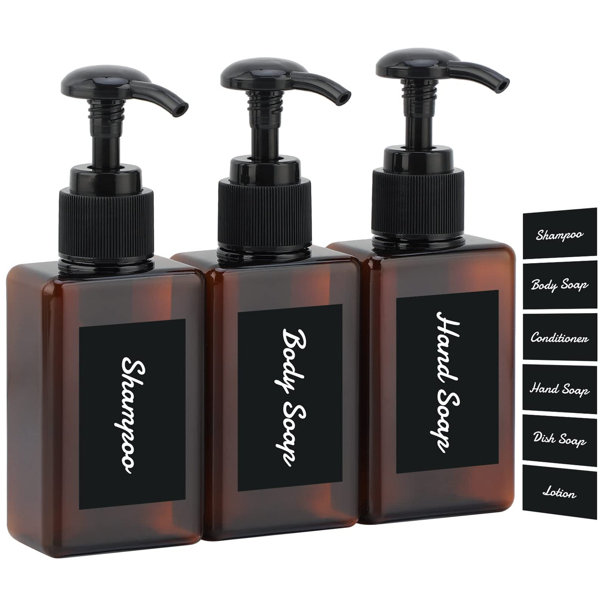 Segus Soap Dispenser, 3 Pieces 100ml Pump Bottle Dispenser with Labels, Empty Shampoo Bottles, for Bathroom, Kitchen(Amber)