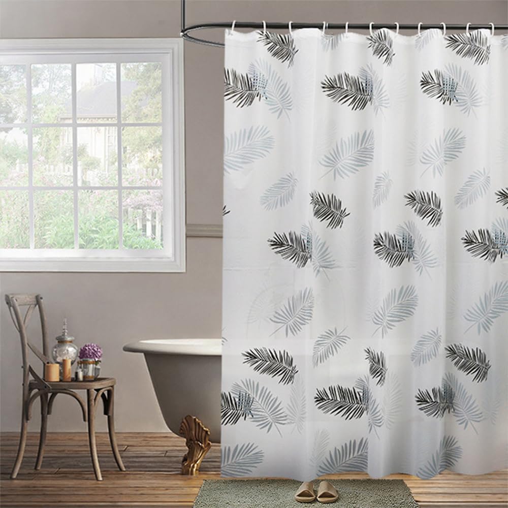 Lkw Ogechi Shower Curtain PEVA 200x200 CM Black Leaves, 300 CM Extra Wide Shower Curtain Waterproof Mould Proof, SemiTransparent White Bath Curtain