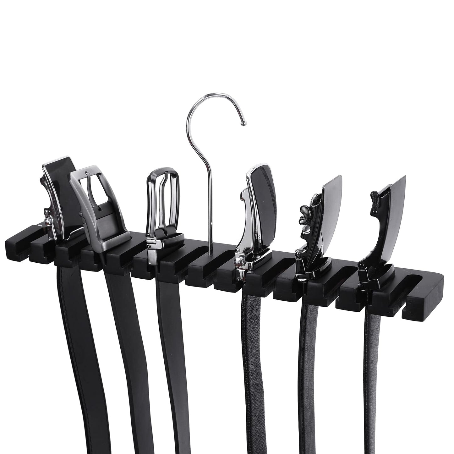 SUNTRADE 14-in-1 Wooden Wall Mount Belts & Tie Organizer with Swivel Hook, Display for Closet, Door, Wall (Black)