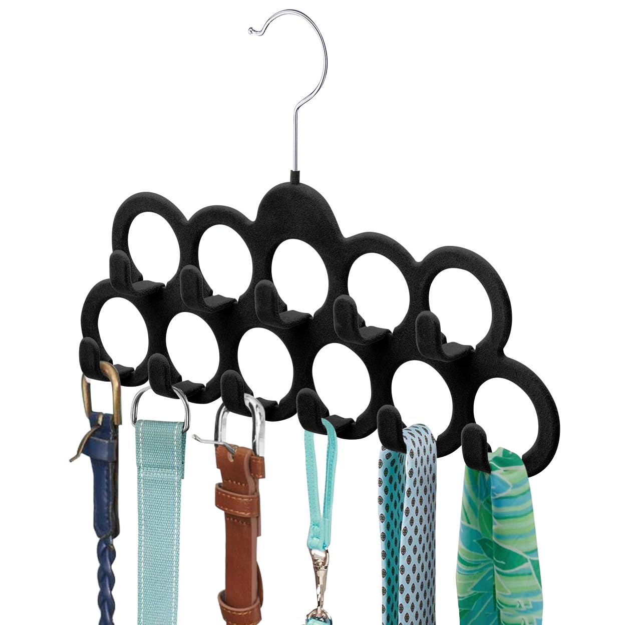 ManGotree Velvet Scarf Storage Hangers with 11 Loops and Hooks 2 Pack Black