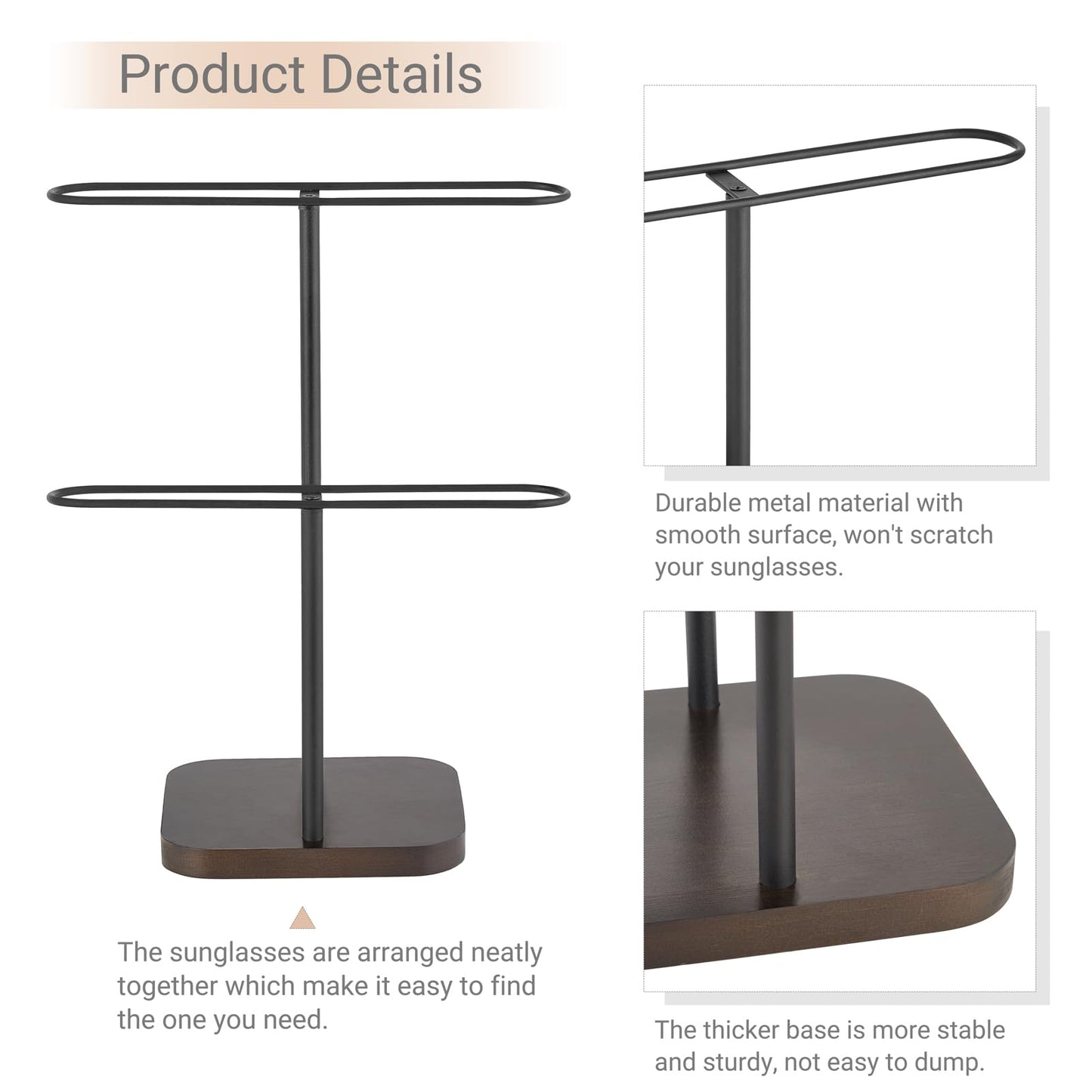 Mkono Sunglasses Organizer Glasses Holder Stand for 24 Pairs of Eyewear, 2 Tier Sunglass Storage Eyeglasses Display Rack Metal Frame with Wood Base