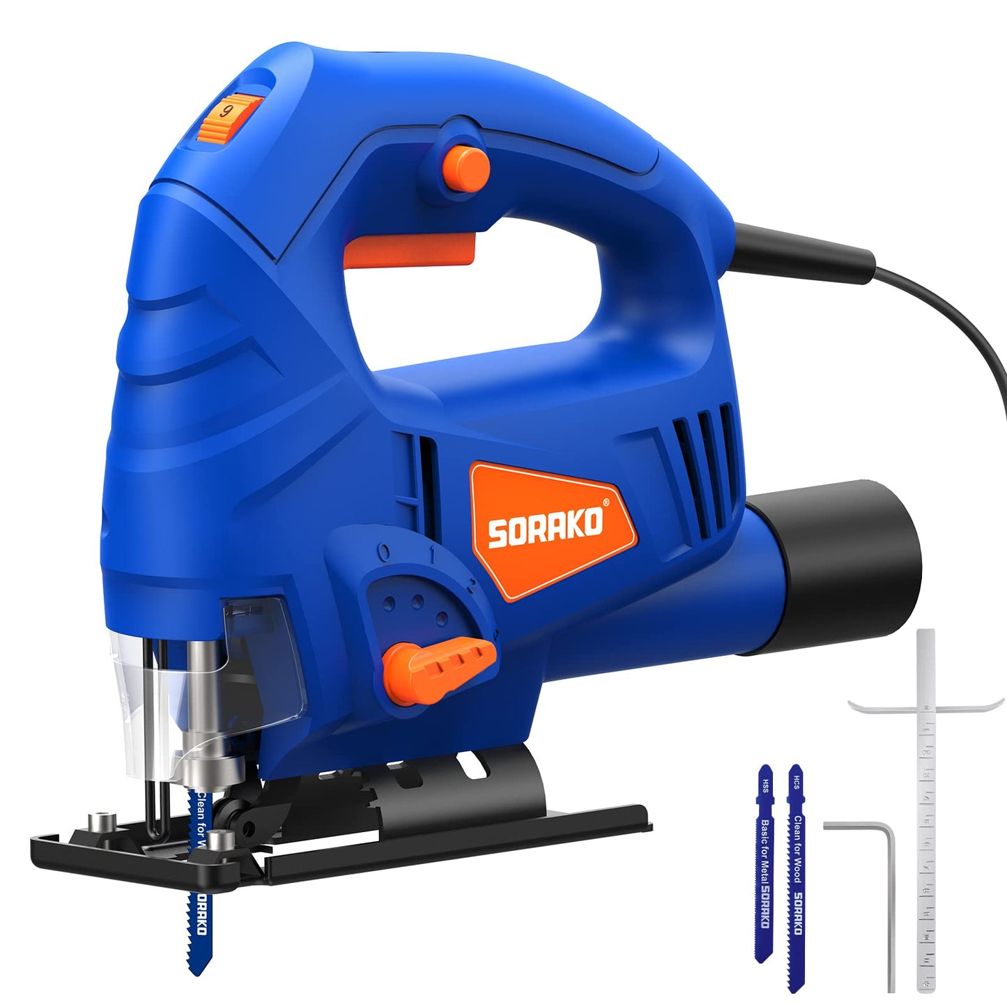 SORAKO 600W Corded Jigsaw for Wood & Metal | 800-3000SPM Electric Jigsaw with 6 Speeds + 3 Orbital Settings | 45? Bevel Cutting, 60mm Wood Cutting