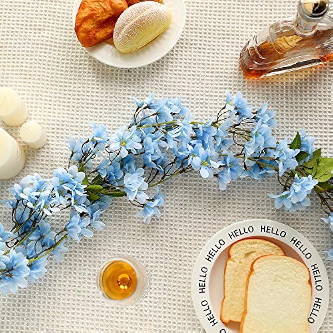 JUSTOYOU 2 x 5.7 ft Artificial Sakura Cherry Blossom Hanging Flowers Vine Fake Sakura Garland Home Garden Wedding Party Decoration (Blue)