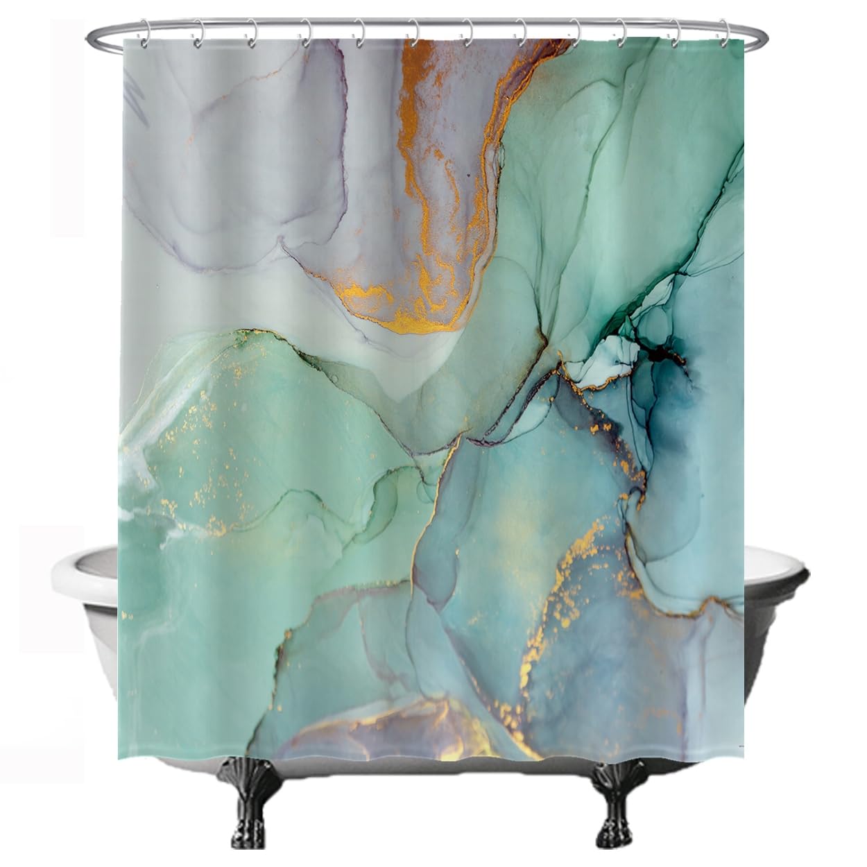 Ulticool Shower Curtain - Marble Green Blue Watercolour - 180 x 200 cm - Washable - Anti Mould - Waterproof - with 12 Rings
