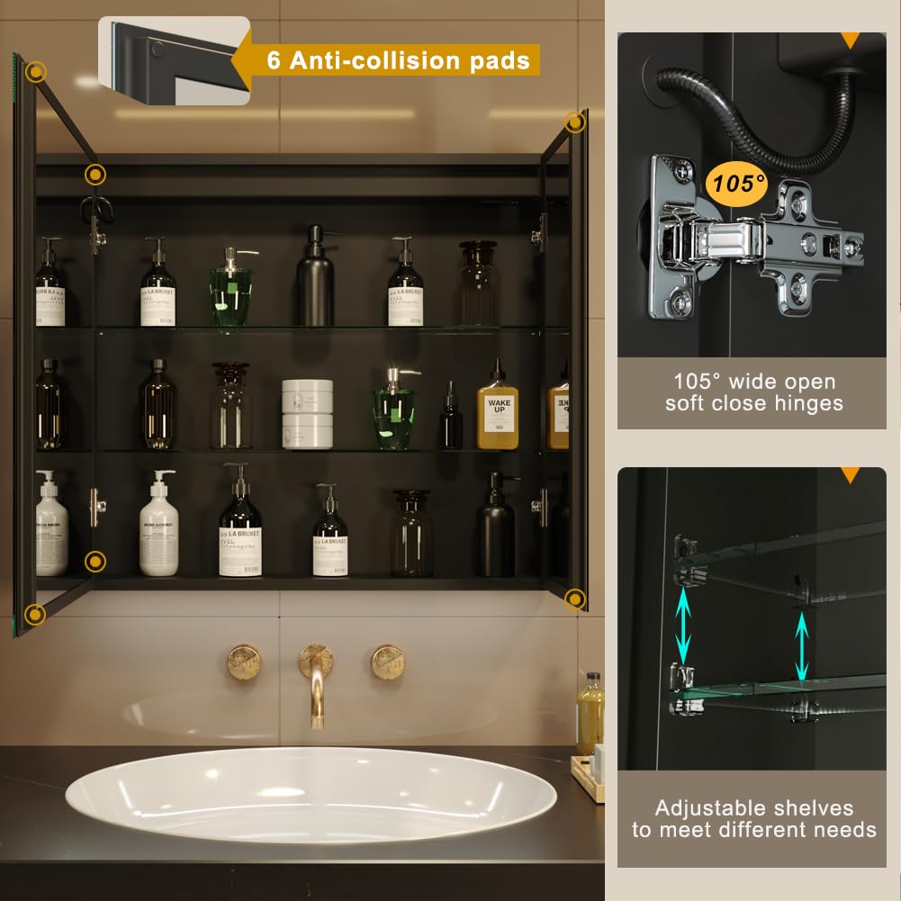 KWW 80 x 70 cm Two Doors Aluminum LED Bathroom Medicine Cabinet with Mirror
