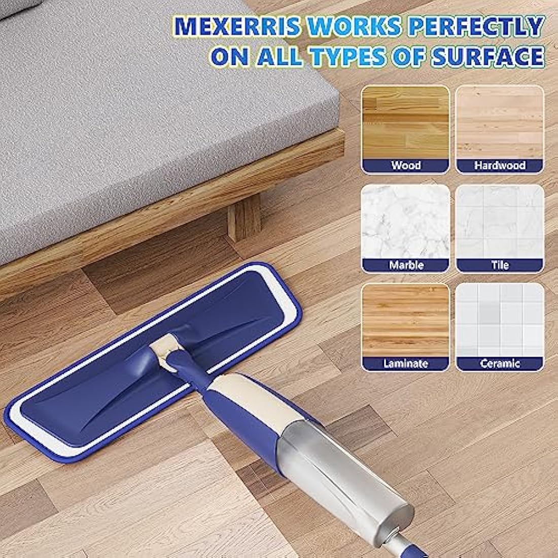 Microfibre Spray Mops with 4 Washable Pads for Floor Cleaning - MEXERRIS Wood Hard Floor Mop with Spray Wet & Dry Mops 2 Bottles Flat Mop Home Commercial Use for Hardwood Laminate Wood Tiles