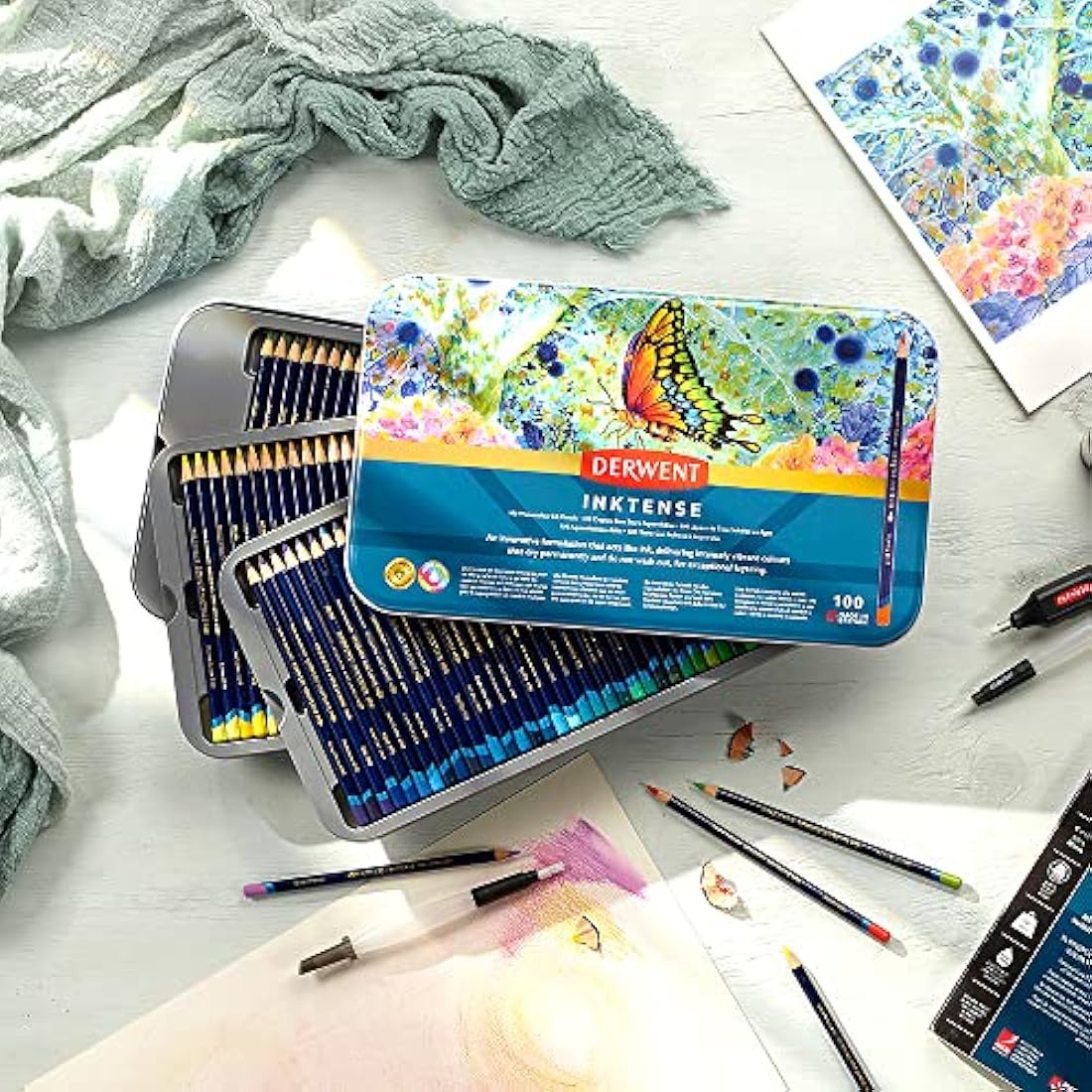 Derwent Inktense Pencils Art Set, 100 Permanent Watercolour Pencils Set in Tin, Premium Coloured Pencils for Adults, Water-Soluble Indelible Pencil Collection, 4mm Core, Professional Quality (2306130)