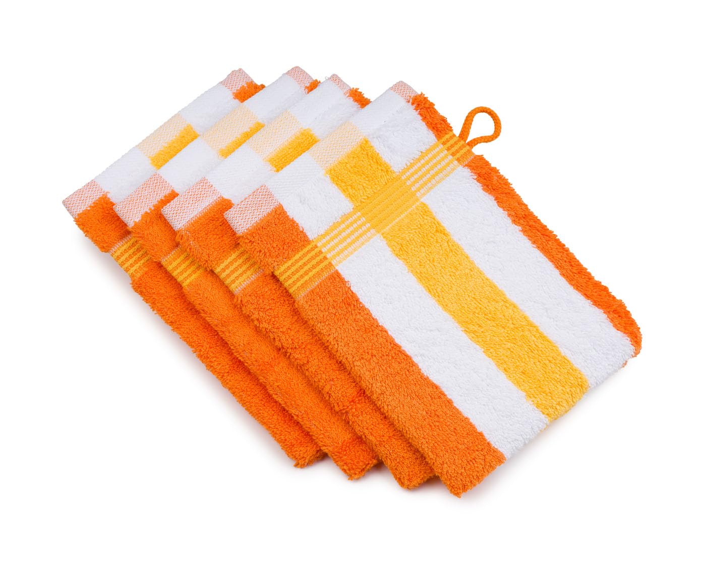 G?zze - New York Bath/Shower Glove/Mitt, Set of 4, Striped, Soft and Absorbent, 100% Cotton, 17 x 24 cm - Orange/White/Yellow